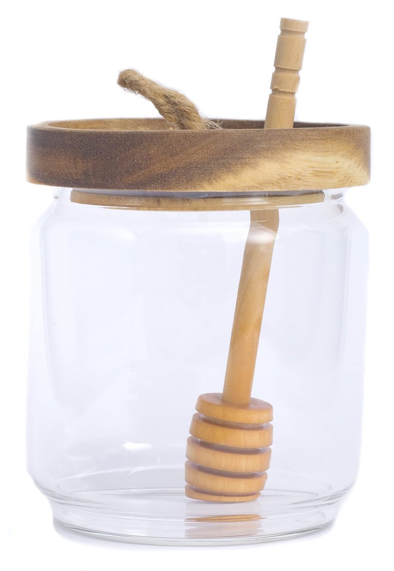 Dstuff Honey Jar Pot Glass Holder Dispenser Set with Wooden Dipper Stick and Acacia Lid Cover for Home Kitchen, Clear, Modern Honey Syrup Glass Container for Storage Gift, Honey Pot and Drizzler (14 Oz) - Image 1